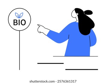 A woman in a blue outfit points at a round sign with BIO and a leaf symbol. Ideal for environmental education, eco-friendly promotions, organic product branding, health awareness, and sustainability