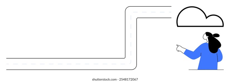 Una mujer vestida de azul apunta hacia un camino curvo. Hay una nube sobre ella en un diseño minimalista. Ideal para temas conceptuales de orientación, materiales educativos, representaciones de viajes