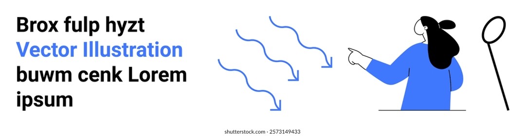 Woman in blue pointing at arrows with magnifying glass. Ideal for business analysis, decision making, guiding, direction, discovery. Banner for landing page