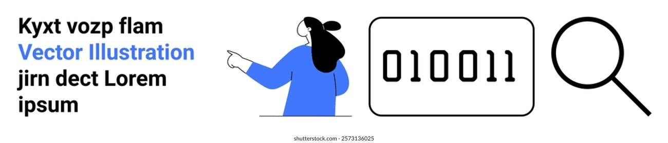 Woman in blue pointing at binary code with magnifying glass. Ideal for technology, coding, data analysis, information search, and binary language. Banner for landing page