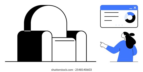 Woman in blue pointing at a chart on a screen. Curve-back armchair seen on the side. Ideal for presentations, office settings, work from home, data analysis, and productivity. Minimalist vector style