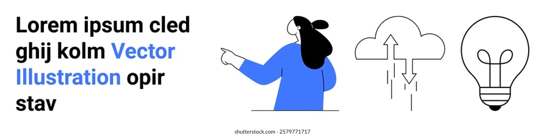 Woman in blue pointing at cloud and lightbulb icons. Represents innovation, technology, cloud computing, creativity, and vector art. Ideal for tech, creativity, innovation, cloud services