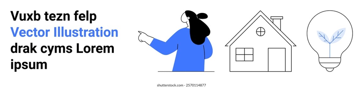 Woman in blue pointing to house and lightbulb icons. Ideal for energy efficiency, home improvement, sustainability, eco-friendly living, and innovation themes. Banner for landing page