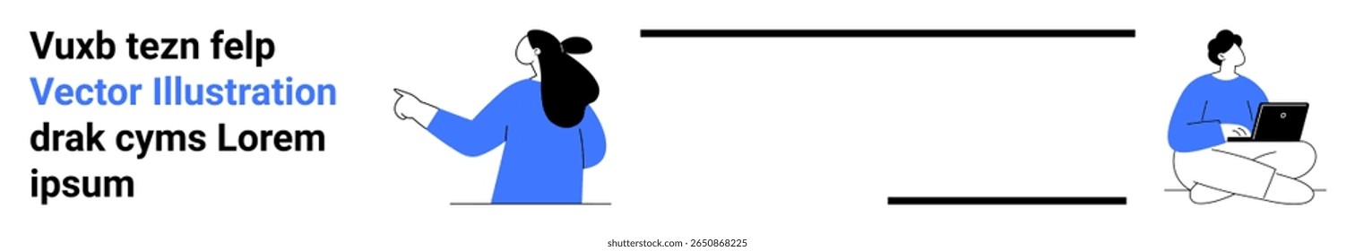 Woman in blue pointing and man sitting with laptop, minimalistic design, placeholder text beside. Ideal for tech presentations, educational content, marketing materials, website banners, user guides