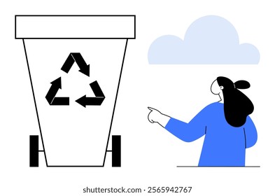 Woman in blue pointing at a recycling bin with a recycling symbol and cloud in the background. Ideal for environmental awareness, recycling campaigns, sustainability education, waste management