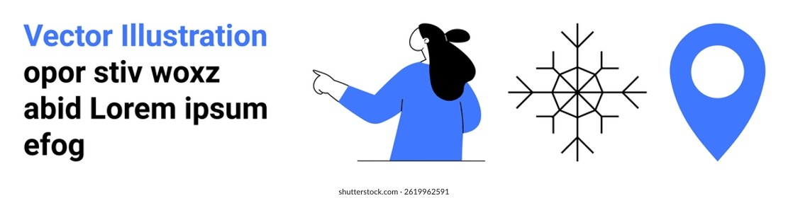 Woman in blue pointing right, intricate snowflake, and solid blue location pin. Ideal for winter themes, navigation, travel, weather forecasts, user guides, educational content, web design. Banner