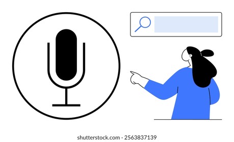 Woman in blue pointing at a search bar, next to a large black microphone symbol. Ideal for technology, online search, voice commands, digital interfaces, user guidance. Minimal, modern, clean