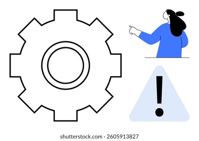 Woman in blue pointing at settings gear and exclamation mark in a warning triangle. Ideal for technology, maintenance, technical troubleshooting, notifications, and user error alerts. Modern minimal