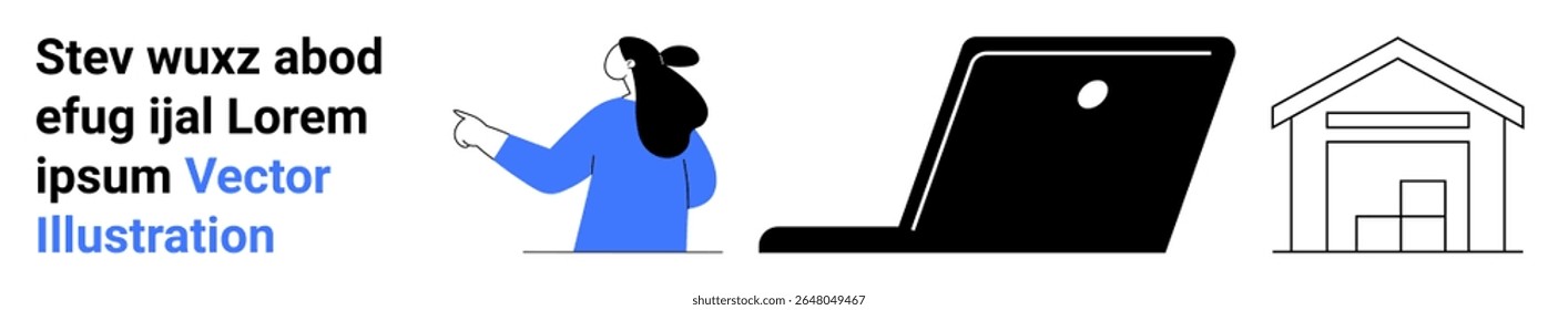 Woman in blue pointing at text with laptop and house outline, blending technology, communication, and real estate. Ideal for education, business, marketing, communication, real estate, tech services