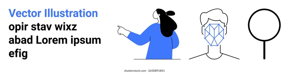 Woman in blue pointing to text on left geometric head outline and a circle on right. Ideal for educational content, team presentations, technology blogs, modern websites, user interface design, info