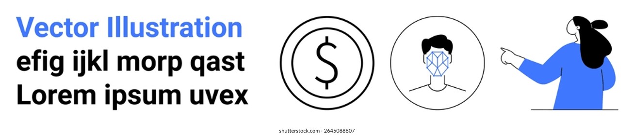 Woman in blue pointing towards dollar symbol and human face, accompanied by text blocks. Ideal for financial, business, instruction, illustration, design, education, and presentation themes. Banner