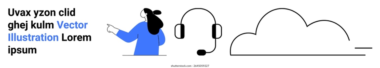 Woman in blue pointing towards headset and cloud icon, implying digital communication and cloud services. Ideal for customer support, tech services, cloud computing, remote work, online