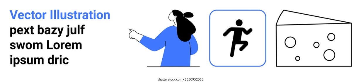 Woman in blue pointing towards text, figure running within a box, and cheese slice with holes. Ideal for business, education, sports, cooking, websites, marketing, and social media. Banner