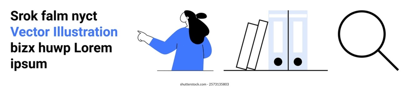 Woman in blue pointing, two folders and a magnifying glass symbolizing organization and search. Ideal for websites about productivity, business, office management, data analysis, file organization