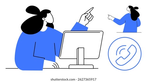 A woman in blue is pointing while interacting with a computer monitor. She is seen in two close-ups, one emphasizing speaking. Ideal for presentations, remote work, communication, technology, office