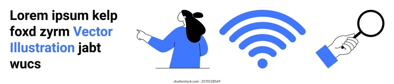 Woman in blue pointing with wireless symbol and hand holding magnifying glass. Ideal for technology, search, connectivity, discovery, analysis. Banner for landing page