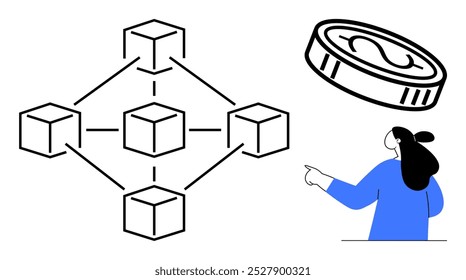 A woman in blue points at a stylized blockchain network connected with lines and a floating coin with a dollar symbol. Ideal for technology finance cryptocurrency education modern minimalist