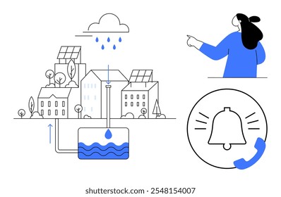 Uma mulher de cor azul aponta para uma cidade com painéis solares e um sistema de coleta de água da chuva. Um ícone de notificação por telefone sugere um sistema de alerta. Ideal para sustentabilidade, planejamento urbano, energias renováveis