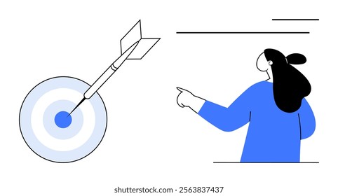 A woman in blue points toward a dart hitting the bullseye of a target. Ideal for goal-setting, motivation, focus, precision, and direction. Simple minimalist style