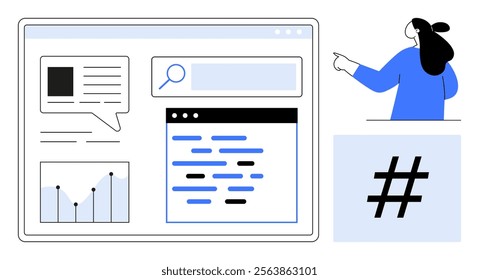 Woman in blue points to a web browser displaying a search bar, text, graph, and hashtag. Ideal for digital marketing, data analysis, SEO, web development, and social media strategies. Simple clean