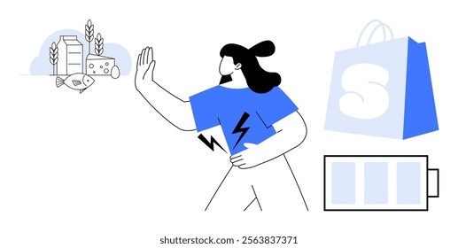 A woman with a blue shirt and black hair signals stop to food items while holding a blue paper bag and a battery icon next to her. Ideal for health, nutrition, fitness, conscious consumerism, energy