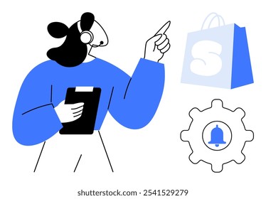 Woman in blue shirt and headset holding clipboard while pointing at shopping bag with an S on it. Notification bell icon within a gear. Ideal for customer support, online shopping, notifications