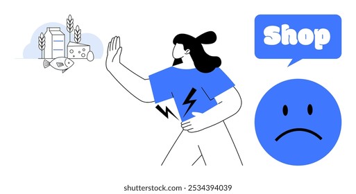 Woman in blue shirt with lightning bolt holding her stomach while gesturing to avoid milk, cheese, fish, and wheat. Ideal for food allergies, dietary restrictions, food intolerances, shopping, health