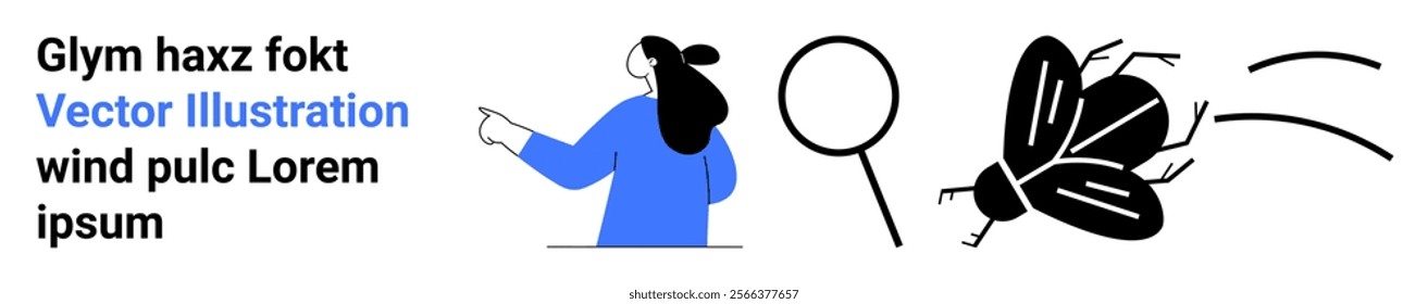 Woman in blue shirt pointing forward, black magnifying glass, and flying black bug create a simplistic vector representation. Ideal for education, discovery, research, observation, and entomology