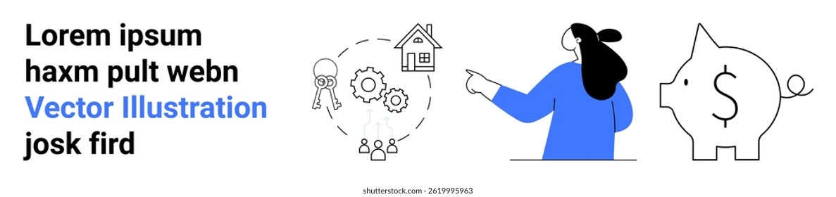 Woman in blue shirt pointing at house, gears, people, and piggy bank. Ideal for financial planning, real estate, team collaboration, business strategy, goal setting, savings, and investment