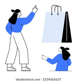 Woman in blue shirt pointing at and reaching towards a shopping bag. Ideal for e-commerce, marketing, online shopping, retail promotion, and consumer behavior. Minimalist, modern, clean