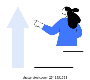 Woman in blue shirt pointing towards a large upward arrow suggesting positive change. Ideal for business presentations, career advancement, personal development, motivation graphics, and goal