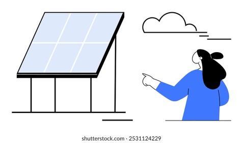 A woman in a blue shirt points towards a solar panel under a cloud. Ideal for renewable energy, sustainability, green technology, environmental awareness, educational content. Minimalist design style