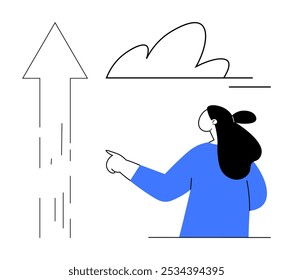 Woman in a blue shirt points at an upward arrow with a cloud above. Ideal for growth business success motivation aspiration and progress concepts. Style minimalist line art