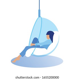 Woman in Blue Shirt Sits in Glass Hanging Chair. Coworking Center. Vector Illustration. Woman Rest. Warm Soft Mattress in Hanging Chair. Woman in Blue Slim Jeans and Blouse Profile Image.