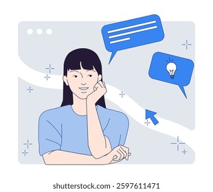 Woman in blue shirt is thinking while speech bubbles with text and light bulb appear around her. Minimalistic abstract design. Concept of brainstorming and creativity. Vector illustration