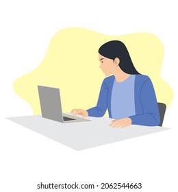 a woman in a blue shirt is working on a laptop in her office. Vector image