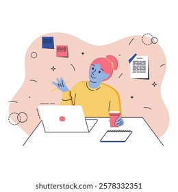 Woman with blue skin and pink hair drinks coffee, holds a pen and communicates on a computer, notes on the wall, a flat illustration, business situation	