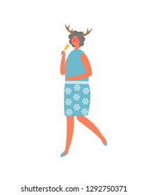 Woman in blue skirt with flowers and blouse, drinking elite champagne vector cartoon character isolated. Female with deer horns accessory, vector icon