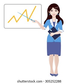 A woman in a blue suit and a lilac skirt shows pointer on the graph. In her other hand she holds a folder.