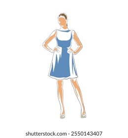 Mujer en vestido azul del verano, ropa elegante. Ilustración de dibujo de Vector aislado, arte de línea. Mujer de negocios