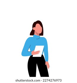 Woman in blue sweater holding tablet. Person presenting agenda. Businesswoman speaking loudly. Main object on white background. Vector color illustration.