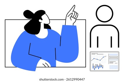 Woman in blue sweater pointing at chart, simple human figure, and graph on a screen. Ideal for business presentations, data analysis, team meetings, educational content, marketing materials