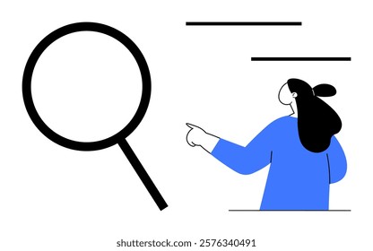 A woman in a blue sweater pointing at a magnifying glass and text lines. Ideal for research, analysis, discovery, search, information. Simple flat illustration