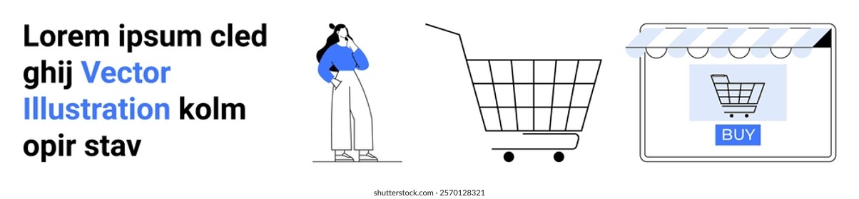 Woman in blue sweater standing with a shopping cart and an online storefront with a buy button. Ideal for e-commerce, online shopping, digital marketing, retail business, and customer engagement