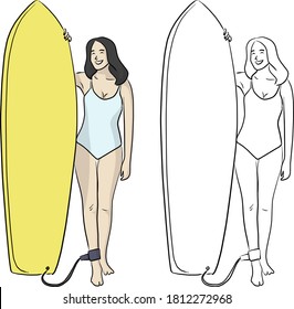 woman with blue swimming suit standing up with yellow surf board vector illustration sketch doodle hand drawn with black lines isolated on white background