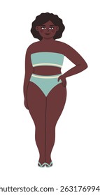 Woman in blue swimsuit. Body positive. Flat vector illustration.