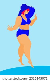 Woman in Blue Swimsuit Portrait Bright Blue Colored Doodle Vector Illustration Design Print Template