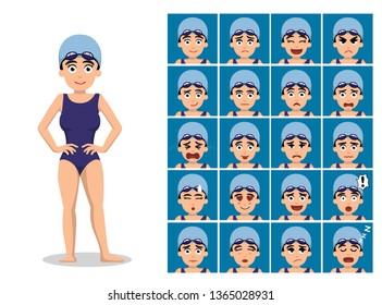 Woman Blue Swimsuit Swimmer Cartoon Emotion Faces Vector Illustration-01