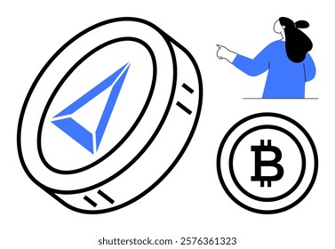 A woman in a blue top points towards a large coin with a blue triangle symbol and a small Bitcoin icon. Ideal for finance, cryptocurrency, digital currency, blockchain technology, and investments