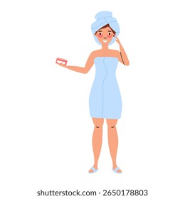 Mulher em uma toalha azul usando um telefone e segurando um produto de cuidados com a pele em um ambiente relaxado
